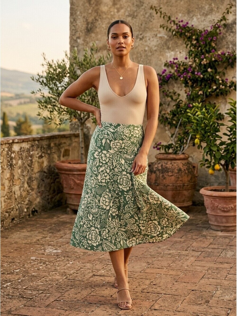 Rachel Zoe Size 8 Green Floral A-line Pull-on Skirt Elastic Waist Cottagecore